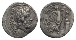 L. Rubrius Dossenus, Rome, 87 BC. AR Quinarius (14.5mm, 1.49g, 11h). Laureate head of Neptune r.; trident to l. R/ Victory advancing r., holding wreat...