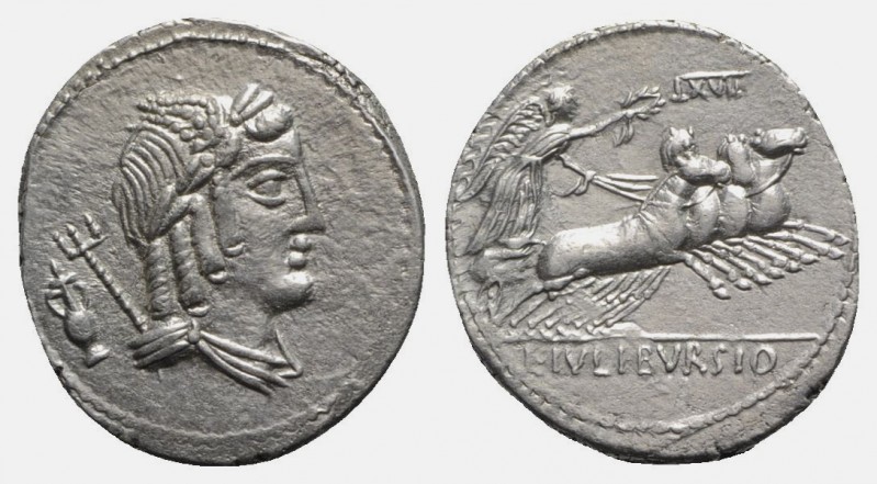 L. Julius Bursio, Rome, 85 BC. AR Denarius (19mm, 3.82g, 6h). Laureate and winge...