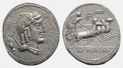 L. Julius Bursio, Rome, 85 BC. AR Denarius (19mm, 3.82g, 6h). Laureate and winged bust of Apollo Vejovis r.; trident over shoulder, amphora behind. R/...