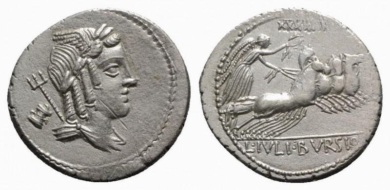 L. Julius Bursio, Rome, 85 BC. AR Denarius (20mm, 3.99g, 6h). Laureate and winge...