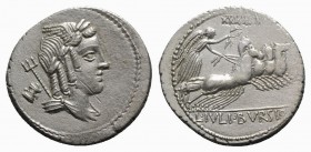 L. Julius Bursio, Rome, 85 BC. AR Denarius (20mm, 3.99g, 6h). Laureate and winged bust of Apollo Vejovis r.; trident over shoulder, altar behind. R/ V...