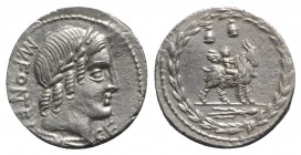 Mn. Fonteius C.f., Rome, 85 BC. AR Denarius (19mm, 3.90g, 12h). Laureate head of Vejovis r.; thunderbolt below neck. R/ Infant Genius, winged, seated ...