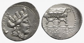 P. Furius Crassipes, Rome, 84 BC. AR Denarius (20mm, 3.81g, 3h). Turreted head of Cybele r.; foot behind. R/ Curule chair inscribed P FOVRIVS. Crawfor...