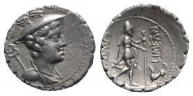 C. Mamilius Limetanus, Rome, 82 BC. AR Serrate Denarius (19mm, 4.06g, 7h). Draped bust of Mercury r., wearing winged petasus. R/ Ulysses walking r., h...