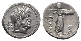 L. Procilius, Rome, 80 BC. AR Denarius (19mm, 4.07g, 5h). Laureate head of Jupiter r. R/ Juno Sospita walking r., hurling spear and holding shield; se...