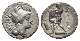C. Poblicius Q.f., Rome, 80 BC. AR Serrate Denarius (19mm, 3.80g, 11h). Helmeted and draped bust of Roma r.; M above. R/ Hercules standing l., strangl...