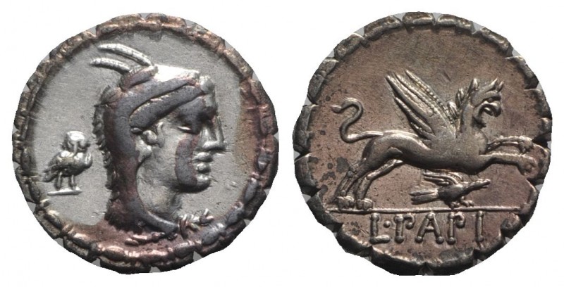 L. Papius, Rome, 79 BC. AR Serrate Denarius (18mm, 3.97g, 3h). Head of Juno Sosp...