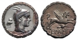 L. Papius, Rome, 79 BC. AR Serrate Denarius (18mm, 3.97g, 3h). Head of Juno Sospita r., wearing goat-skin headdress; owl to l. R/ Griffin springing r....