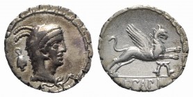 L. Papius, Rome, 79 BC. AR Serrate Denarius (18mm, 3.87g, 3h). Head of Juno Sospita r., wearing goat-skin headdress; bell to l. R/ Griffin springing r...