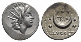 L. Lucretius Trio, Rome, 74 BC. AR Denarius (19mm, 3.93g, 6h). Radiate head of Sol r. R/ Seven stars around pellet within crescent moon. Crawford 390/...