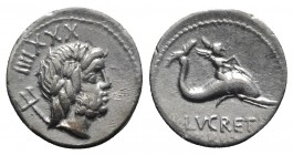 L. Lucretius Trio, Rome, 74 BC. AR Denarius (19mm, 3.80g, 6h). Laureate head of Neptune r.; behind, numeral and trident. R/ Winged Genius riding dolph...