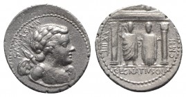 Cn. Egnatius Cn.f. Cn.n. Maxsumus, Rome, 76 BC. AR Denarius (20mm, 4.06g, 9h). Bust of Cupid r., with bow and quiver over shoulder. R / Jupiter and Li...