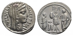 L. Aemilius Lepidus Paullus, Rome, 62 BC. AR Denarius (18mm, 3.89g, 6h). Veiled and diademed head of Concordia r. R/ Trophy; to l., three captives (Ki...