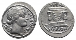 L. Scribonius Libo, Rome, 62 BC. AR Denarius (20.5mm, 3.90g, 6h). Diademed head of Bonus Eventus r. R/ Puteal Scribonianum (Scribonian wellhead), deco...