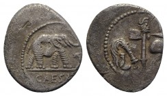 Julius Caesar, military mint traveling with Caesar, April-August 49 BC. AR Denarius (19mm, 3.50g, 6h). Elephant advancing r., trampling on horned serp...