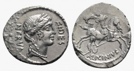 A. Licinius Nerva, Rome, c. 47 BC, AR Denarius (19mm, 3.75g, 3h). Laureate head of Fides r. R/ Horseman galloping r., dragging naked warrior, holding ...