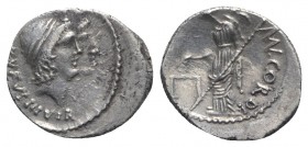 Roman Imperatorial, Mn. Cordius Rufus, Rome, 46 BC. AR Denarius (18mm, 3.57g, 5h). Conjoined heads of the Dioscuri r., wearing pilei with fillet surmo...