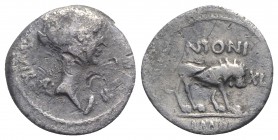 Mark Antony, Lugdunum, early 42 BC. AR Quinarius (12mm, 1.56g, 3h). Winged bust of Victory r., with the likeness of Fulvia. R/ Lion walking r. Crawfor...