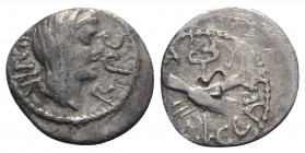 Octavian, Military mint traveling with Octavian in Gaul, 39 BC. AR Quinarius (13mm, 1.65g, 6h). Veiled and diademed head of Concordia r. R/ Clasped ha...