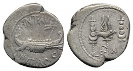 Mark Antony, Patrae(?), Autumn 32-spring 31 BC. AR Denarius (19mm, 3.59g, 6h). Legionary issue. Galley r. R/ LEG X, legionary aquila between two signa...
