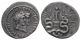 Mark Antony and Octavia, summer-autumn 39 BC. Ionia, Ephesus. AR Cistophorus (27mm, 11.95g, 1h). Conjoined heads right of Mark Antony, wreathed, and O...