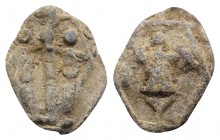 Roman PB Tessera, c. 1st century BC - 1st century AD (18mm, 2.67g, 12h). The Three Graces. R/ Trophy. VF
