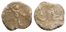 Roman PB Tessera, c. 1st century BC - 1st century AD (16mm, 3.39g, 6h). Figure standing l., raising r. hand. R/ CIE. Good Fine - near VF