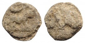 Roman PB Tessera, c. 1st century BC - 1st century AD (14mm, 3.23g, 12h). Ram standing r.; crescent above. R/ Large M. Good Fine