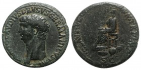 Nero Claudius Drusus (died 9 BC). Æ Sestertius (34mm, 27.46g, 6h). Rome, 42-3. Bare head l. R/ Claudius seated l. on curule chair, holding branch and ...