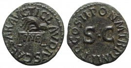 Claudius (41-54). Æ Quadrans (16.5mm, 2.93g, 6h). Rome, AD 42. Hand l., holding scales; PNR below. R/ Legend around large S • C. RIC I 91. Green patin...