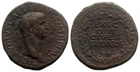 Claudius (41-54). Æ Sestertius (37mm, 28.00g, 6h). Rome, 41-2. Laureate head r. R/ Legend in four lines within oak wreath. RIC I 96. Brown patina, rou...