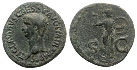 Claudius (41-54). Æ As (31mm, 11.00g, 6h). Rome. Bare head l. R/ Minerva standing r., brandishing javelin and holding shield on l. arm. RIC I 116. Gre...