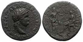 Nero (54-68). Æ Sestertius (37mm, 25.18g, 7h). Lugdunum, c. AD 65. Laureate head r., globe at point of neck. R/ Annona standing r., holding cornucopia...