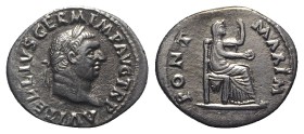 Vitellius (AD 69). AR Denarius (19.5mm, 2.49g, 6h). Rome, c. late April-20 December. Laureate head r. R/ Vesta seated r., holding sceptre and patera. ...