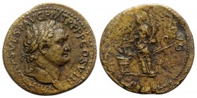 Titus (79-81). Æ Sestertius (34mm, 22.23g, 7h). Rome, 80-1. Laureate head r. R/ Annona standing l., holding statuette of Aequitas and cornucopia; at f...