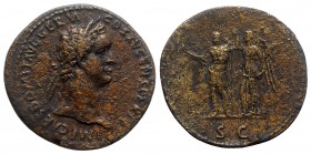 Domitian (81-96). Æ Sestertius (35mm, 24.81g, 5h). Rome, 90-1. Laureate head r. R/ Domitian standing l., holding thunderbolt and spear, being crowned ...
