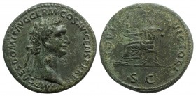 Domitian (81-96). Æ Sestertius (35mm, 22.90g, 6h). Rome, 92-4. Laureate head r. R/ Jupiter seated l., holding Victory and sceptre. RIC II 751. Green p...