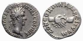 Nerva (96-98). AR Denarius (18mm, 3.43g, 6h). Rome, AD 97. Laureate head r. R/ Clasped r. hands. RIC II 14; RSC 20. VF