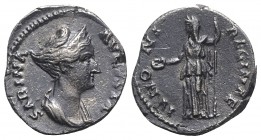 Sabina (Augusta, 128-136/7). AR Denarius (17mm, 3.47g, 6h). Rome, 134-6. Diademed and draped bust r., hair bound in coil atop head. R/ Juno standing l...
