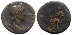 Sabina (Augusta, 128-136/7). Æ Sestertius (29mm, 23.67g, 6h). Rome, 128-134. Draped bust r., wearing stephane. R/ Vesta seated l., holding palladium a...
