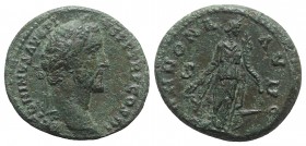 Antoninus Pius (138-161). Æ As (28mm, 12.08g, 11h). Rome, 140-4. Laureate head r. R/ Annona standing r., holding grain ears over modius in r. hand, co...