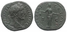Antoninus Pius (138-161). Æ Sestertius (32mm, 22.97g, 1h). Rome, 153-4. Laureate head r. R/ Libertas standing facing, head r., holding pileus and exte...