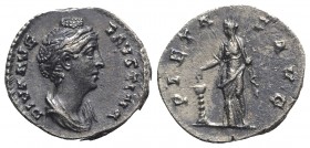 Diva Faustina Senior (died 140/1). AR Denarius (17.5mm, 3.61g, 6h). Rome, AD 141. Draped bust r. R/ Pietas standing facing, head l., dropping incense ...