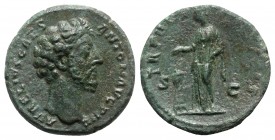 Marcus Aurelius (Caesar, 139-161). Æ As (25mm, 11.04g, 5h). Rome, AD 156. Bare head r. R/ Pietas standing l., dropping incense onto lighted altar. RIC...