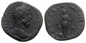 Marcus Aurelius (161-180). Æ Sestertius (32mm, 26.21g, 11h). Rome, AD 165. Laureate head r. R/ Providentia standing l., holding sceptre and wand over ...