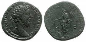 Marcus Aurelius (161-180). Æ Sestertius (30mm, 23.16g, 12h). Rome, AD 175. Laureate head r. R/ Annona standing l., holding grain ears over modius and ...
