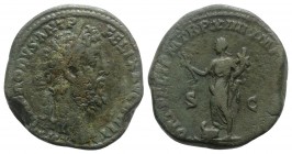 Commodus (177-192). Æ Sestertius (31mm, 25.23g, 11h). Rome, AD 189. Laureate head r. R/ Fortuna standing l., r. foot on prow, holding caduceus and cor...