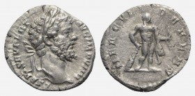 Septimius Severus (193-211). AR Denarius (18mm, 1.77g, 6h). Rome, 196-7. Laureate head r. R/ Hercules standing r., holding bow and resting on club; li...