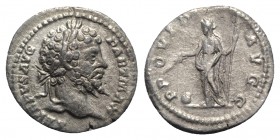Septimius Severus (193-211). AR Denarius (19mm, 1.64g, 6h). Rome, 198-200. Laureate head r. R/ Providentia standing left, holding wand over globe and ...