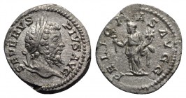 Septimius Severus (193-211). AR Denarius (18mm, 3.15g, 6h). Rome, 202-210. Laureate head r. R/ Felicitas standing l., holding caduceus and cornucopiae...